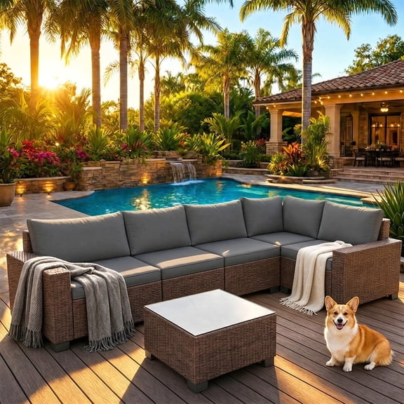 Patio Sectional Sofa Set with Coffee Table, All-Weather Modular Conversation Set with Thickened Cushions & Rust-Resistant Steel Frame, Gray