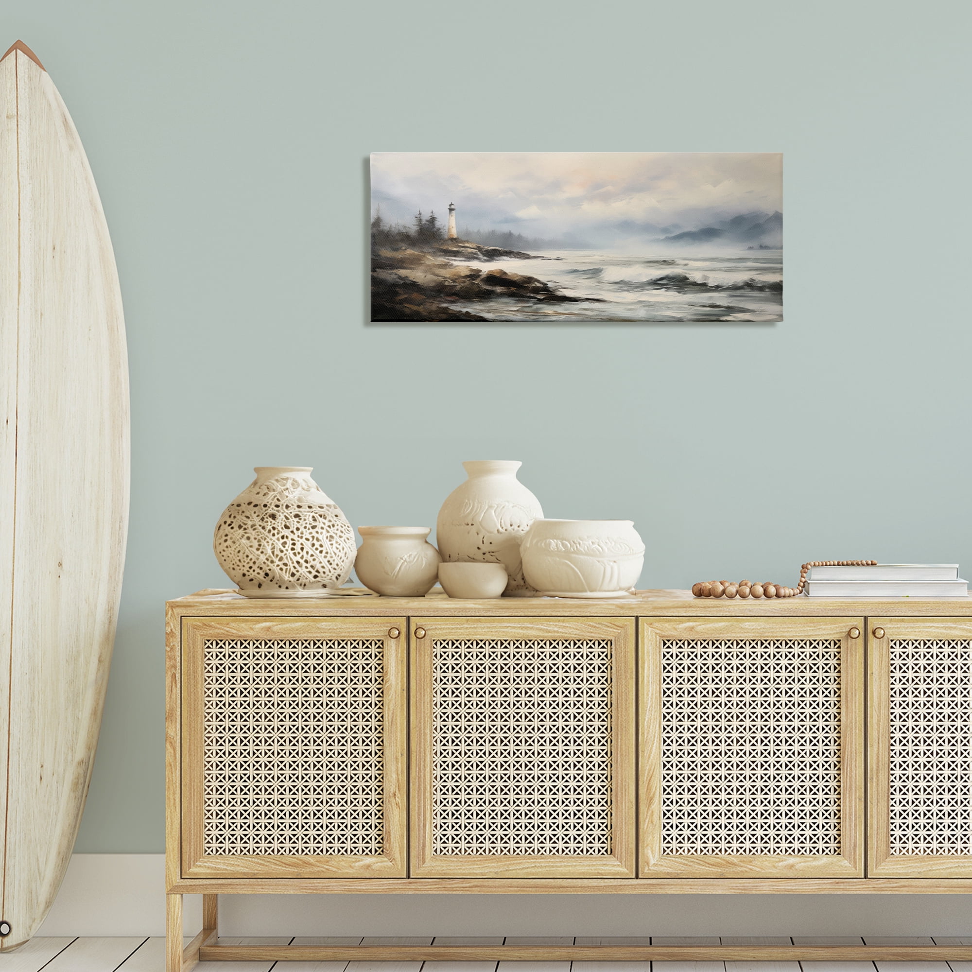 Stupell Industries Coastal Lighthouse Waves Coastal Painting Gallery Wrapped Canvas Art Print Wall Art, 40 x 17