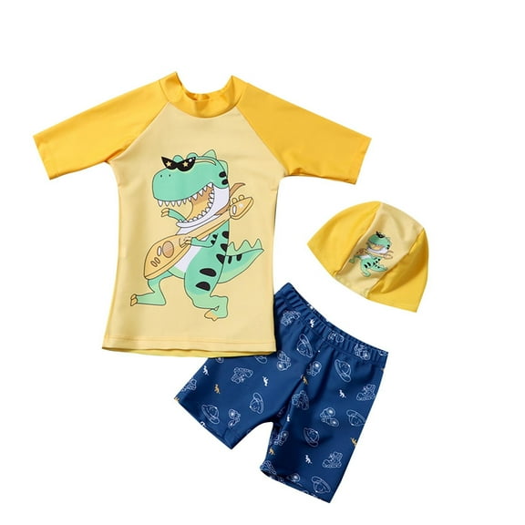 Boys' 3 Piece Swimsuit Dinosaur Short Sleeve Swimwear Sets Summer Vacation Bathing Suit with Boyshorts Size 1-8