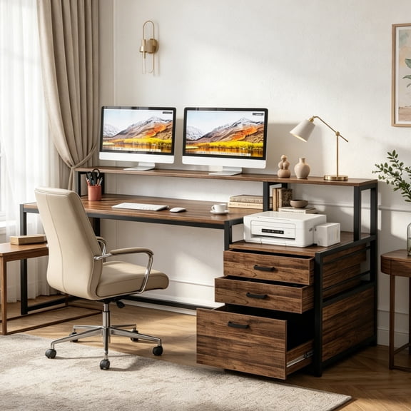 Fnova 63'' Computer Desk, Home Office Desk with File Drawer & Monitor Stand, Industrial Workstation Desk, Dual-Tier Desktop with Adjustable Drawer & Storage, for Home Office, Study & Workspace