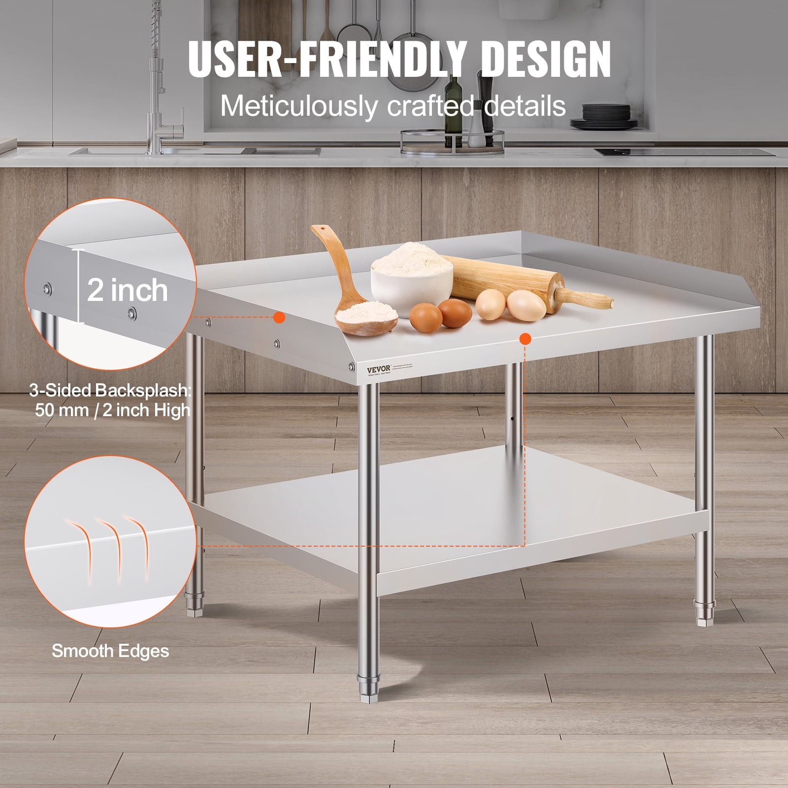 VEVOR Stainless Steel Work Table,30 x 36 x 26 Inch Commercial Food Prep Worktable,3-Sided Backsplash Heavy Duty Prep Worktable,Metal Work Table with Adjustable Height for Restaurant Home Hotel