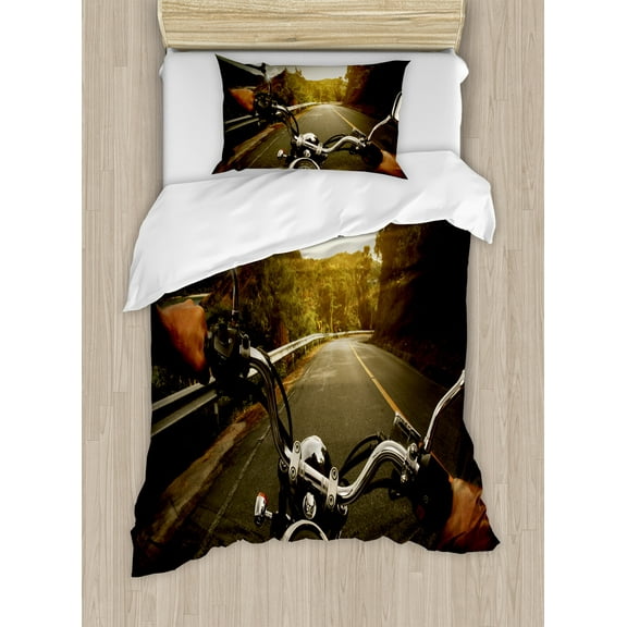 Adventure Duvet Cover Set, Rider Driving a Chopper on Asphalt Road Within Forest Journey Photography, Decorative 2 Piece Bedding Set with 1 Pillow Shams, Twin Size, Forest Green Grey, by Ambesonne