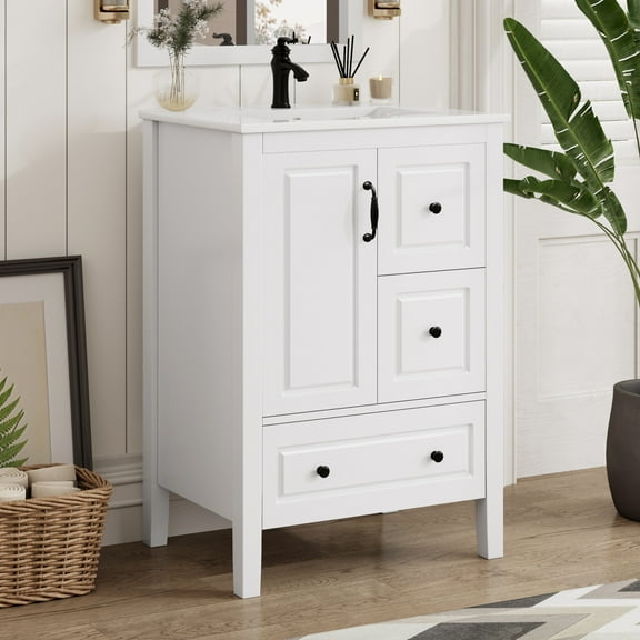 Christopher Knight Home 36" Bathroom Vanity with Resin Sink, Soft-Close Doors & Drawers, Gold Handles, White