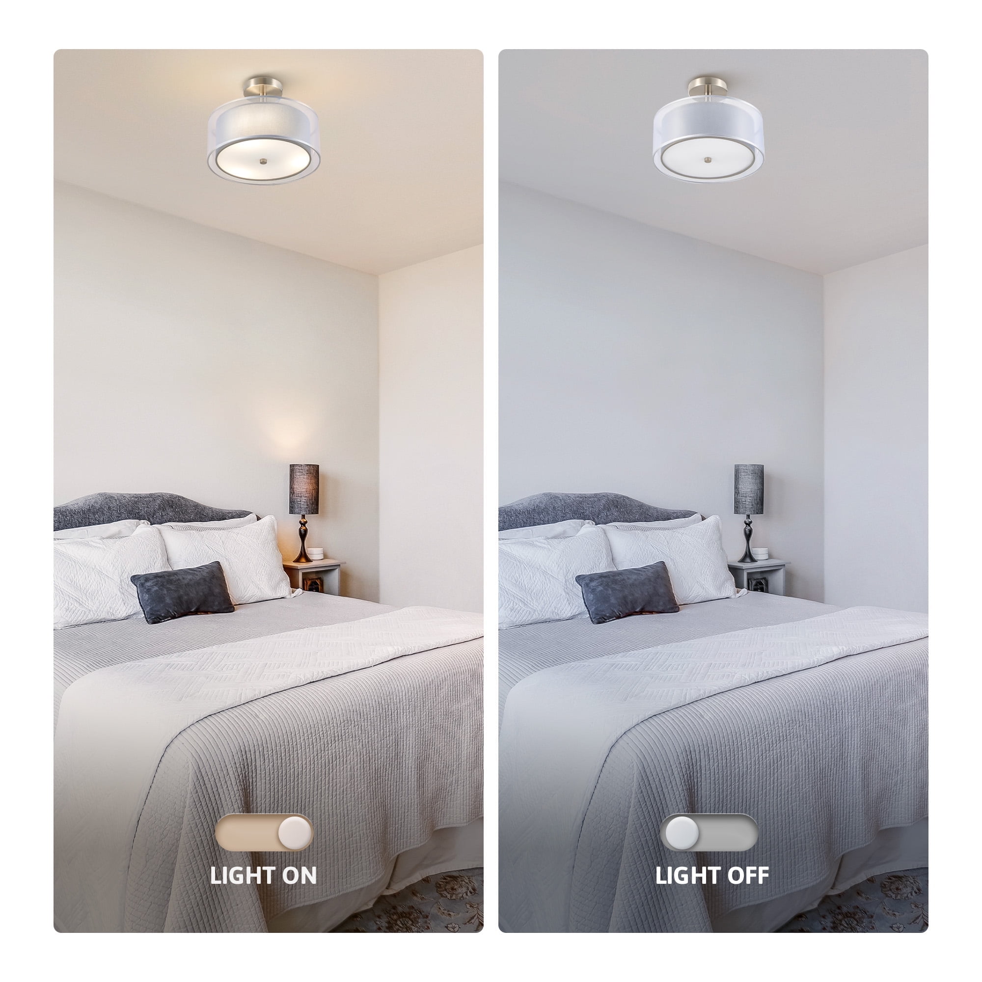 Bestco 3-Light Drum Light Fixture Semi Flush Mount Ceiling Light Dual Layer Fabric Shade Gray