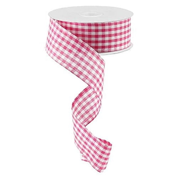 Gingham Check Wired Edge Ribbon, 1.5" x 10 Yards (Dark Pink, White)
