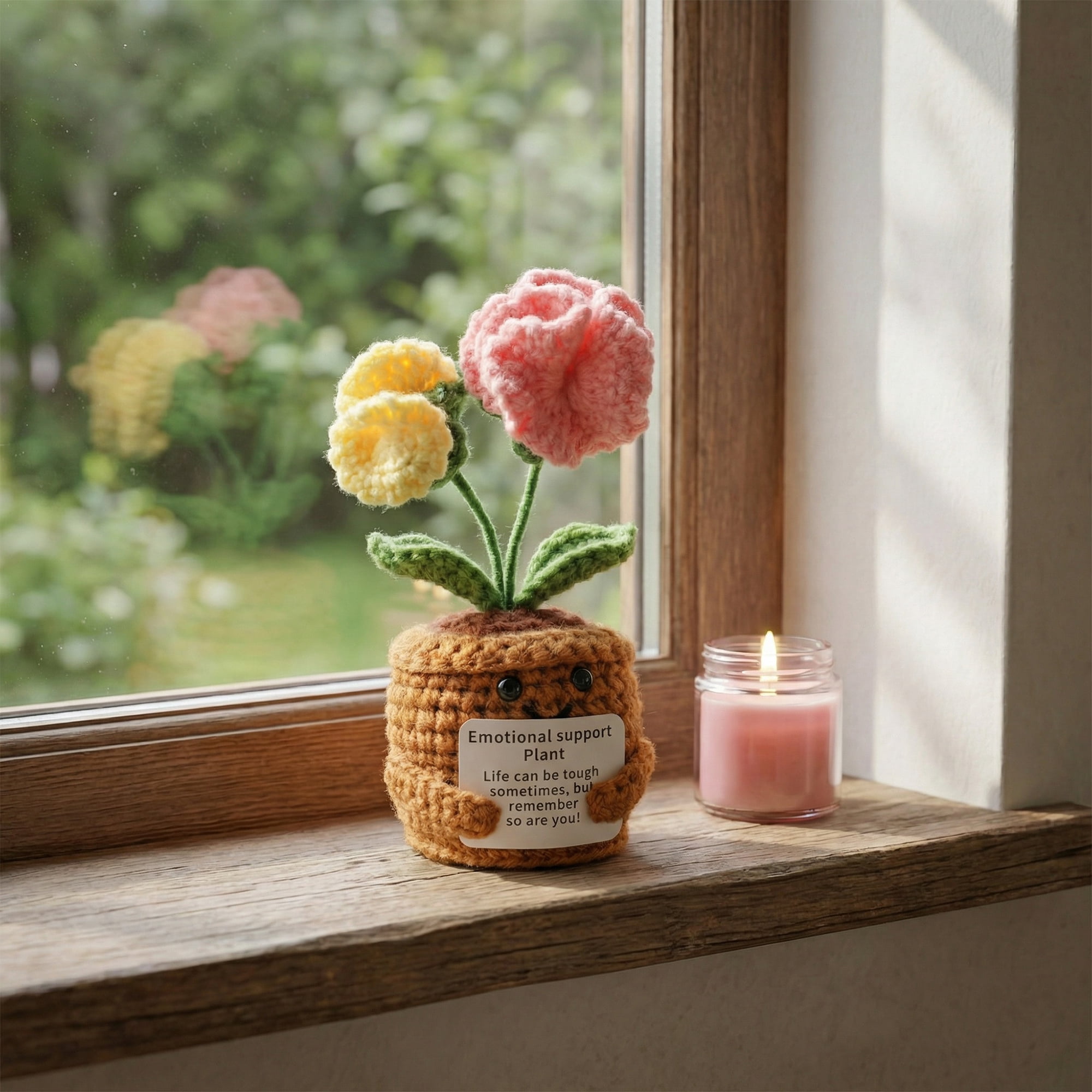 Unique Bargains 2Pcs Handmade Crochet Carnation Knitted Potted Plant Pale Yellow 4.3in