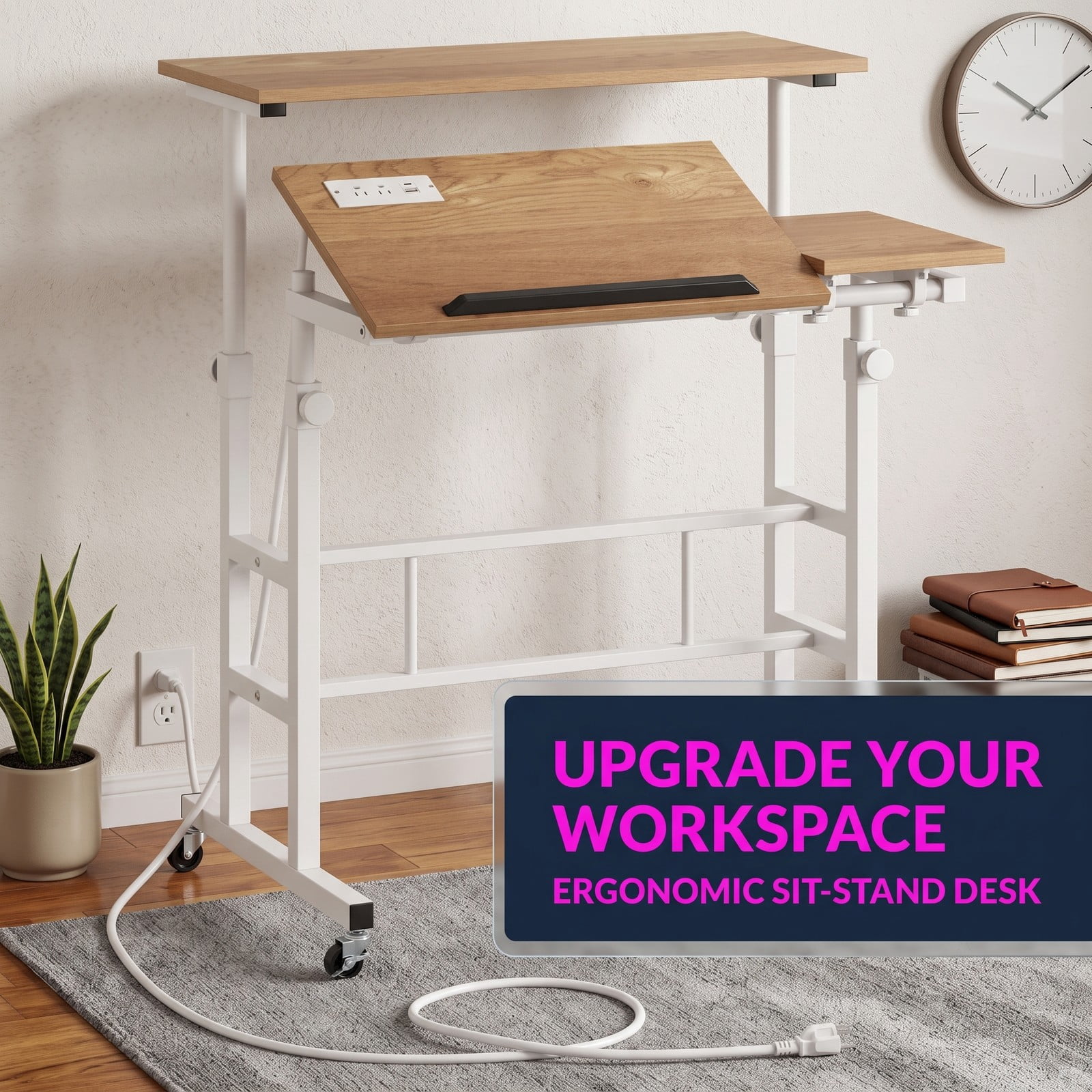 Furnibear Standing Up Desk Adjustable Mobile Computer Workstation with 2 Tilting Desktops, Rolling Sit Stand Table with Charging Station, USB & Type-C Ports, Natural