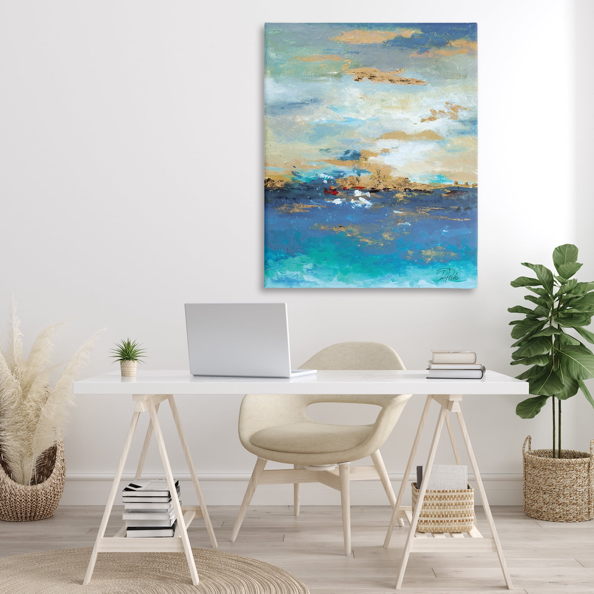 Stupell Industries Ocean View with Tan Accents Abstract Painting Gallery Wrapped Canvas Art Print Wall Art, 36 x 48