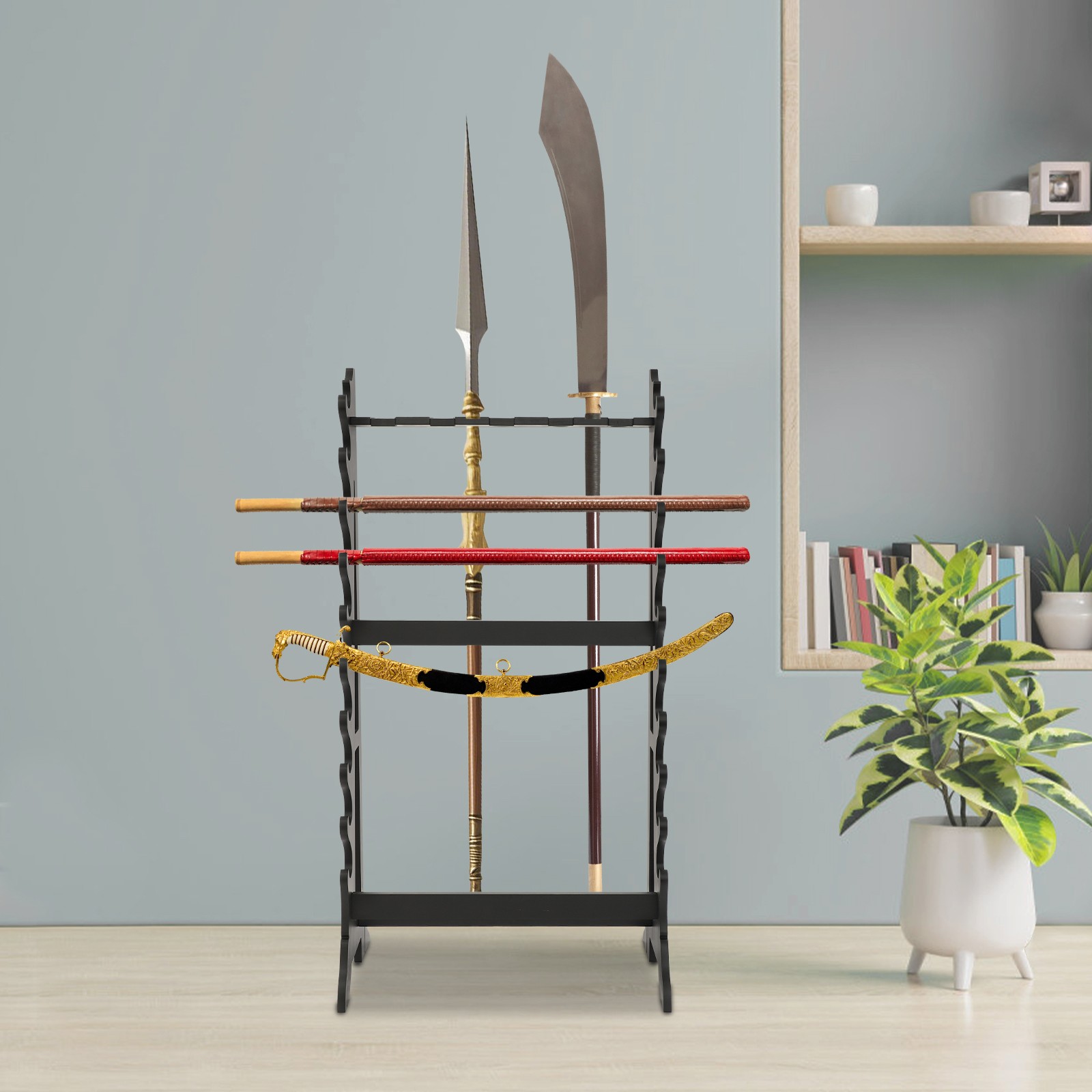 10-Layer Sword Stand, 5-Hole Katana Sword Display Rack, Black, Holds 10 Swords & Long Pole Weapons, 66lbs Capacity, for Home Dojo Weapon Storage & Decor