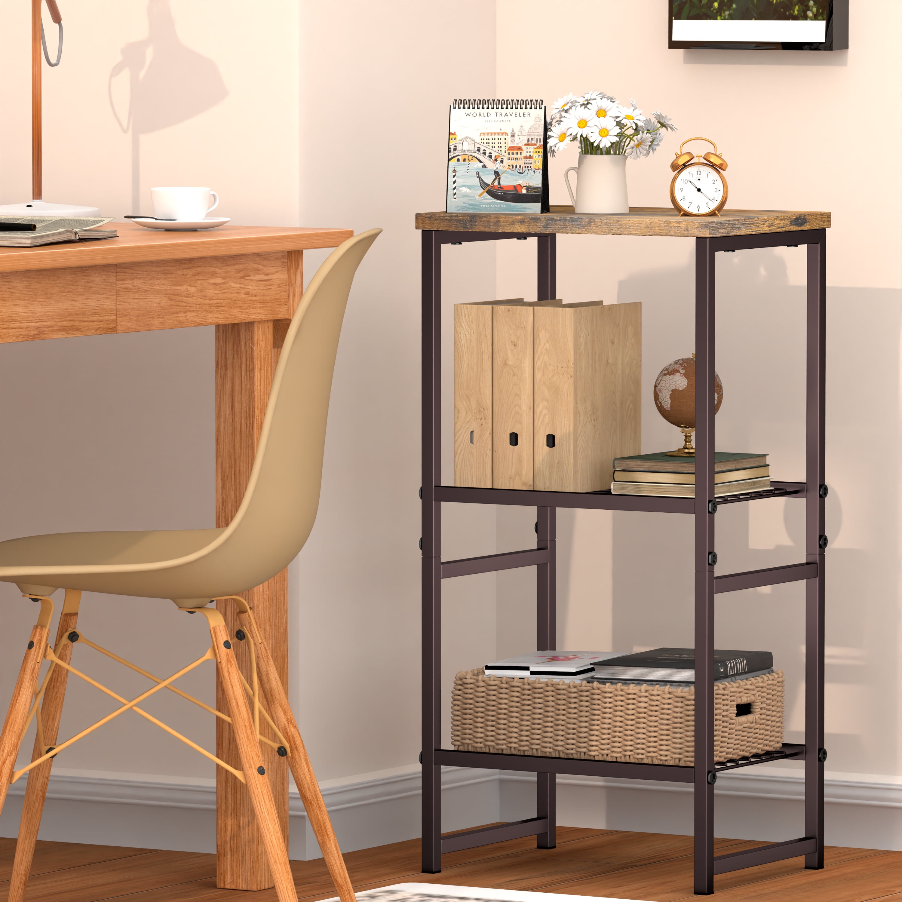 SUFAUY 3-Tier Printer Stand, Metal Shelving Unit for Under Desk with Wood Desktop, Brown
