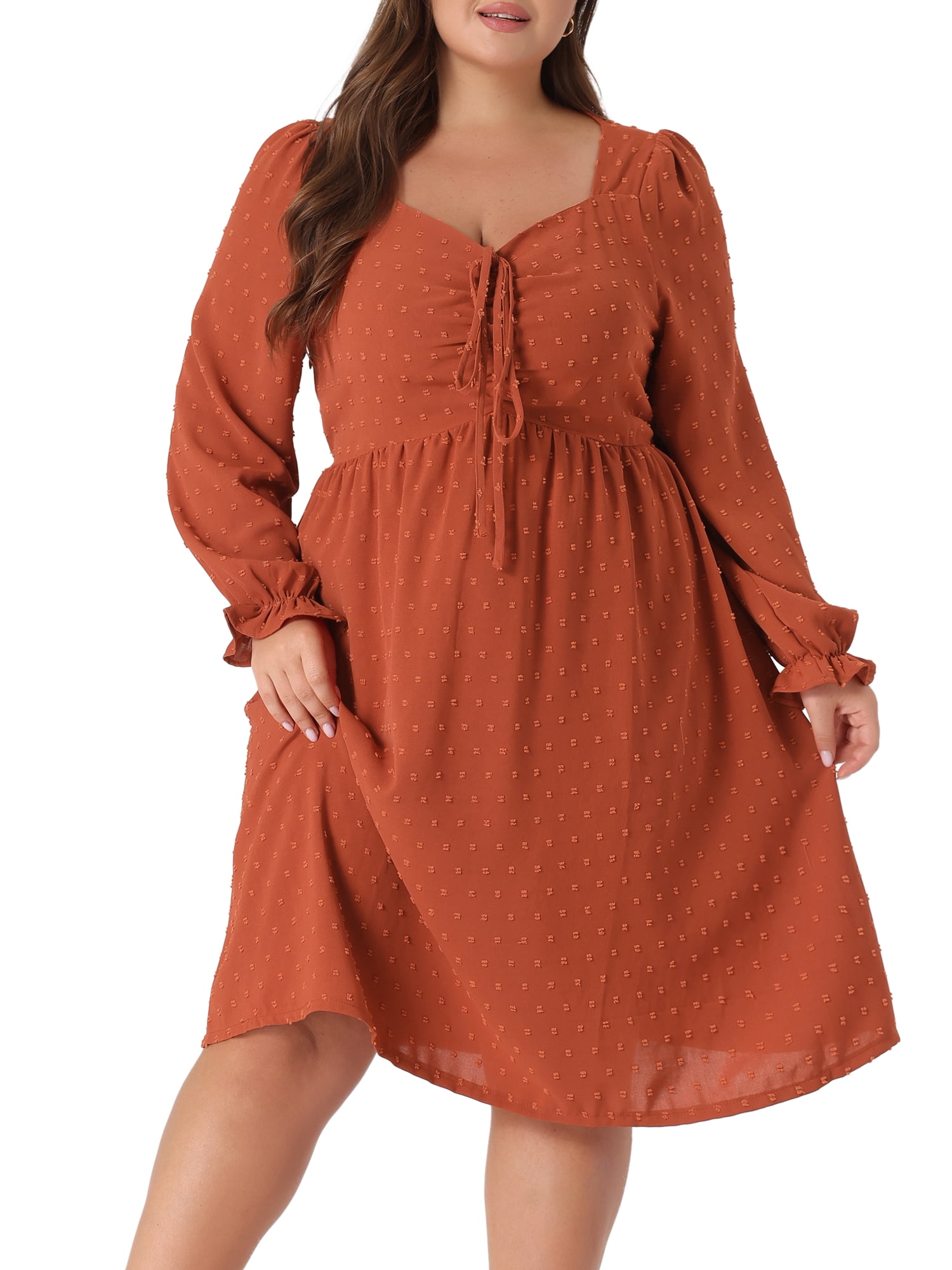 Unique Bargains Women's Plus Size Midi V Neck Tie Ruffle Babydoll Swiss Dots Boho Dress 4X Caramel