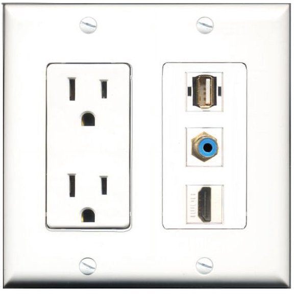 RiteAV - 15 Amp Power Outlet 1 Port HDMI 1 Port RCA Green 1 Port USB A-A Decorative Wall Plate
