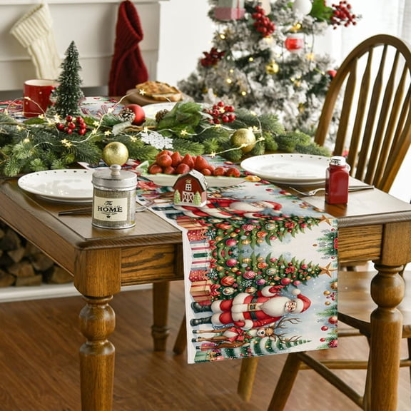 MXTPOV Christmas Table Runner, Plain Printed Table Runner for Dining Table, Christmas Tree Santa Claus Deers Pattern Table Runner, Home Decor, 13 x 72 inch