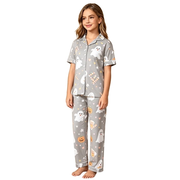 RUTAYY Girls Halloween Pajama Set Button Down Ghost Pumpkin Candy Graphic 2 Piece Sleepwear Holiday Indoor Activity Grey