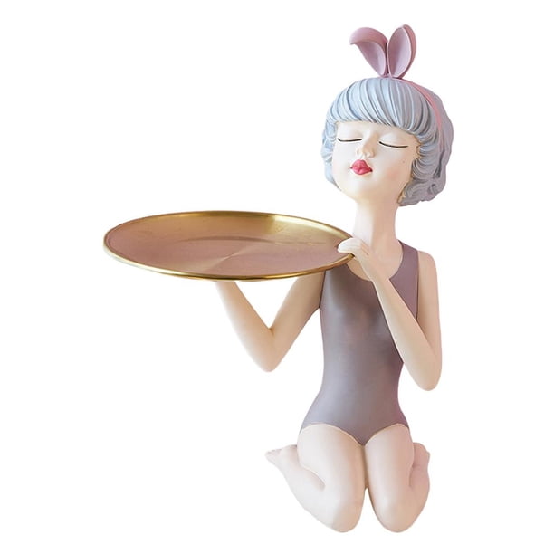ESTATUIL moderna de resina para chica estatua nórdica para decoración con bandeja gris Zulema Figurilla de niña
