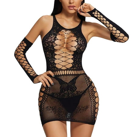 adviicd Plus Size Fishnets Women Fishnet Lingerie Chemise Halter Nightwear Mini Teddy Dress Black One Size