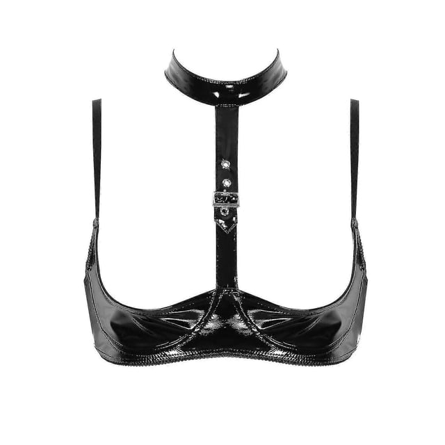Otwoo Women's Wet Look Patent Leather Bra Underwear Halter Neckline Exposed Underwear Bralette Underwear Open Cup Wirefree Bra Top