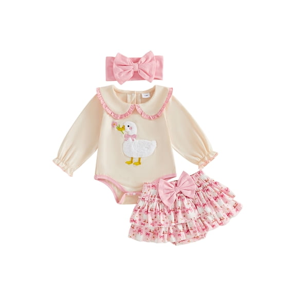 Cjfdfy newborn Baby Girl Fall Outfit Cute Long Sleeve Goose Embroidery Romper With Skort, Headband 3Pcs Set Cute Goose Long Sleeve Doll Collar Romper Baby Outfit, Birthday Gift, 0-18 Months