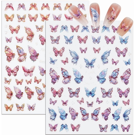 4 Sheets 3D Embossed Butterfly Nail Stickers Self Adhesive Decals Supplies for DIY Aurora Pink Butterfly Shining Women Designs Colorful DIY Manicure Decoration Accessories Cartoon Charms