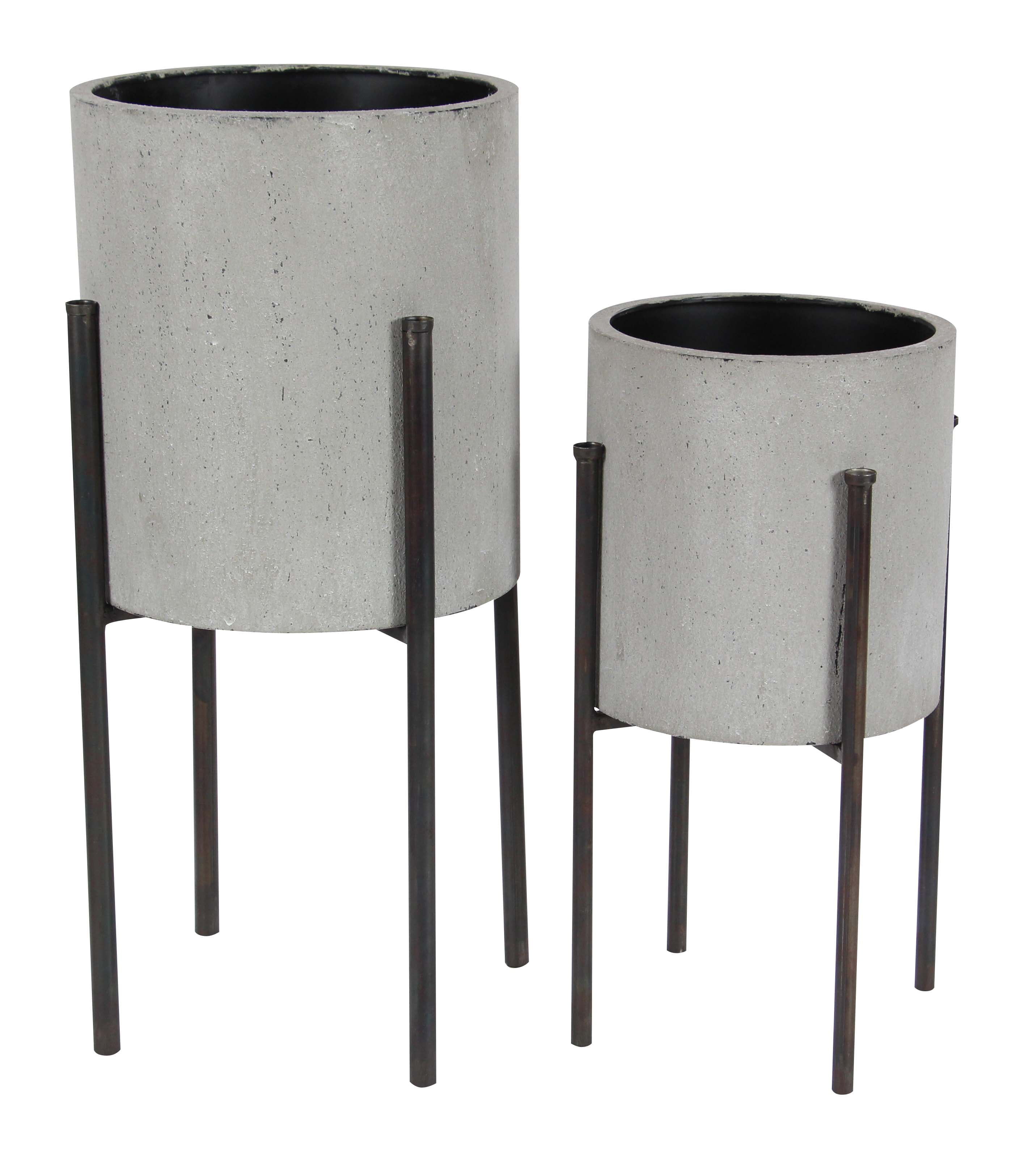 Decmode Set of Two 19 and 23 Inch Modern Cylindrical Iron Planters With Stand, Gray by DecMode