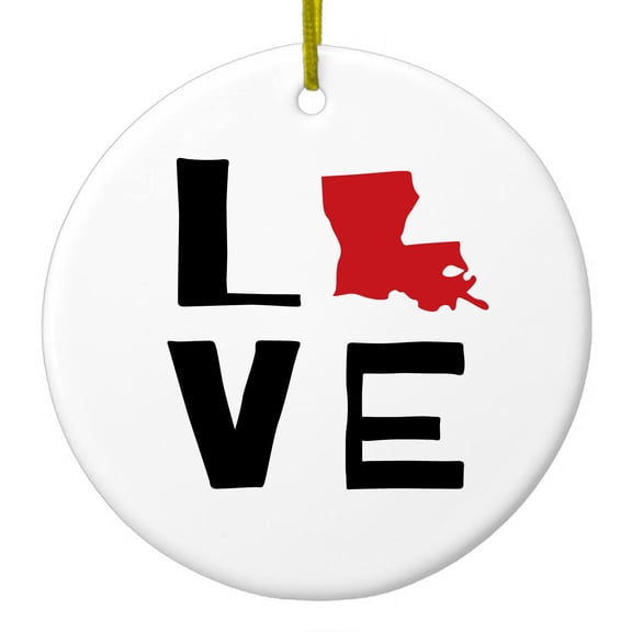 DistinctInk Hanging Ceramic Christmass Tree Ornament with Gold String - Great Gift / Present - 2 3/4 inch diameter - Louisiana - Love Black & Red