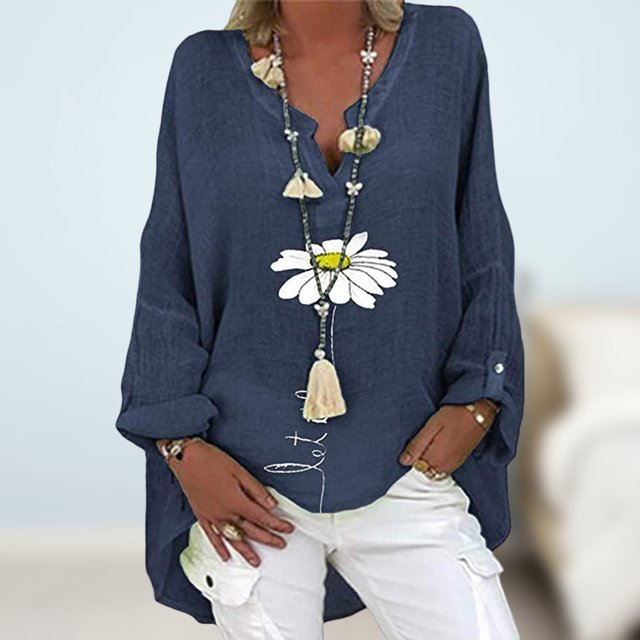 Blusa Camisas de mujer Blusa de camiseta de algodón elegante con estampado floral de manga larga (Azul L) Ygjytge Azul T L para Mujer