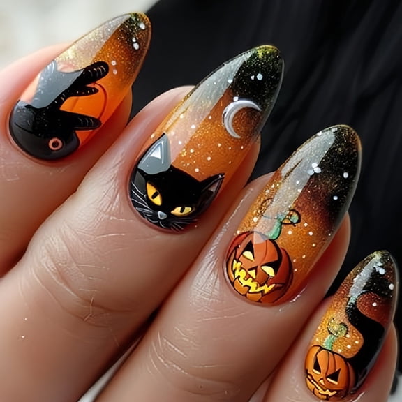 24Pcs Halloween Long Evil Pumpkin Cats Wearable Nail Tips, Mischievous Cat and Pumpkin Design Press On Fake Nails with Jelly Glue, Reusable False Nails for Women, DIY Festive Party Manicure Set