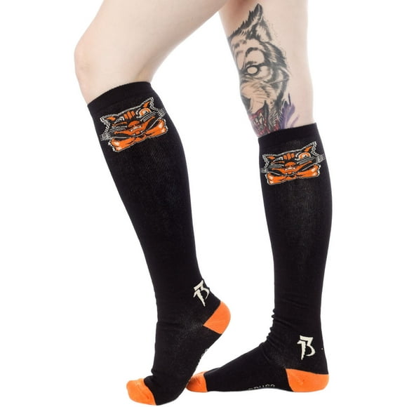 17" Sourpuss Black N' Orange Cat Knee High Socks Gothic Punk Rock Halloween 13