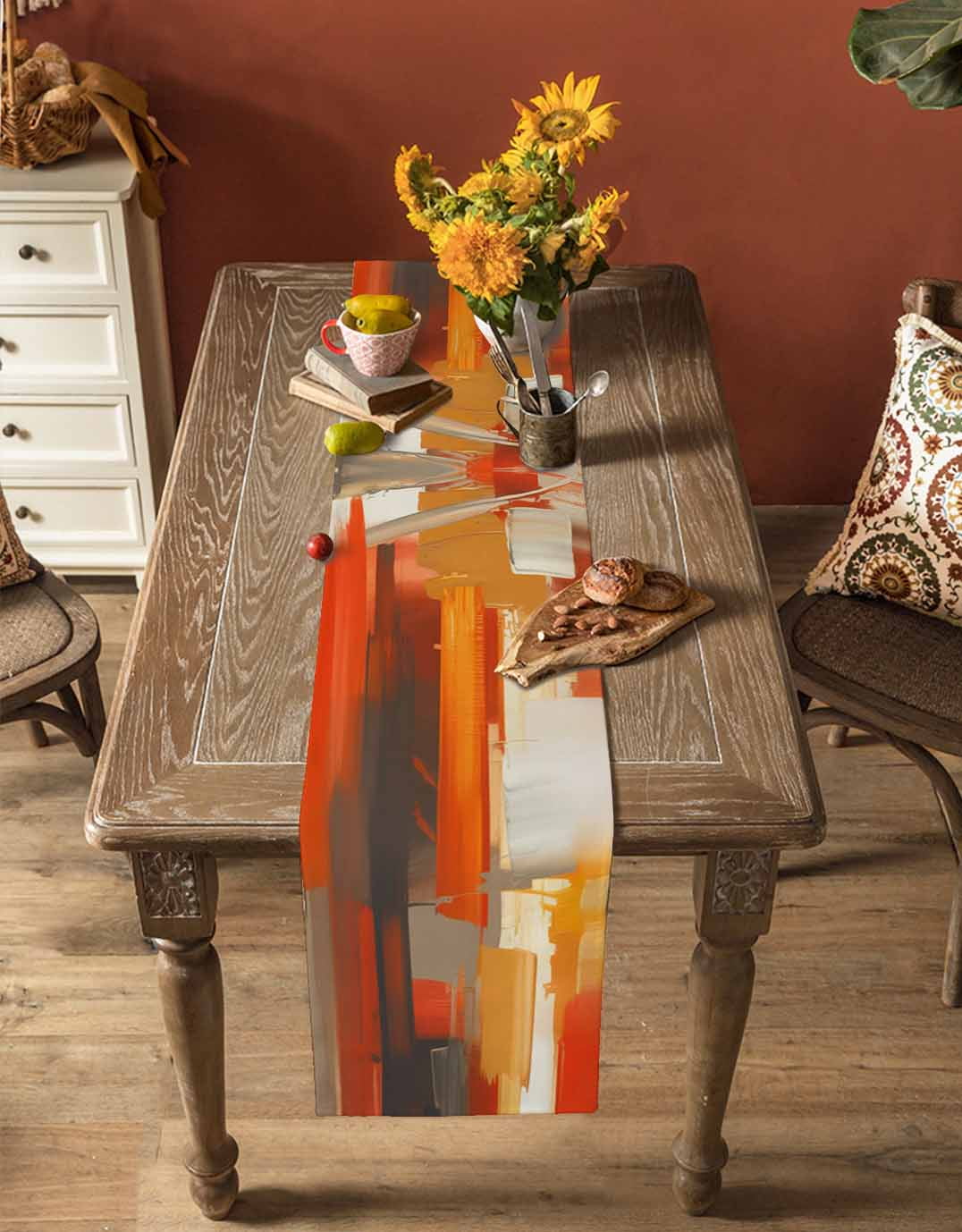 Burnt Orange Brown Table Runner 90 Inches, Farmhouse Ombre Abstract Mottled Art Bed Runner Dresser Scarves Tabletop for Indoor Outdoor Parties/Ceremony/Banquet, 13" x 90"