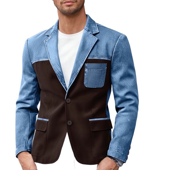 PBFRDSJ Men's Color Block Denim Patchwork Blazer Casual Sport Golf Coat Notched Lapel Two Button Slim Fit Blazer Jacket