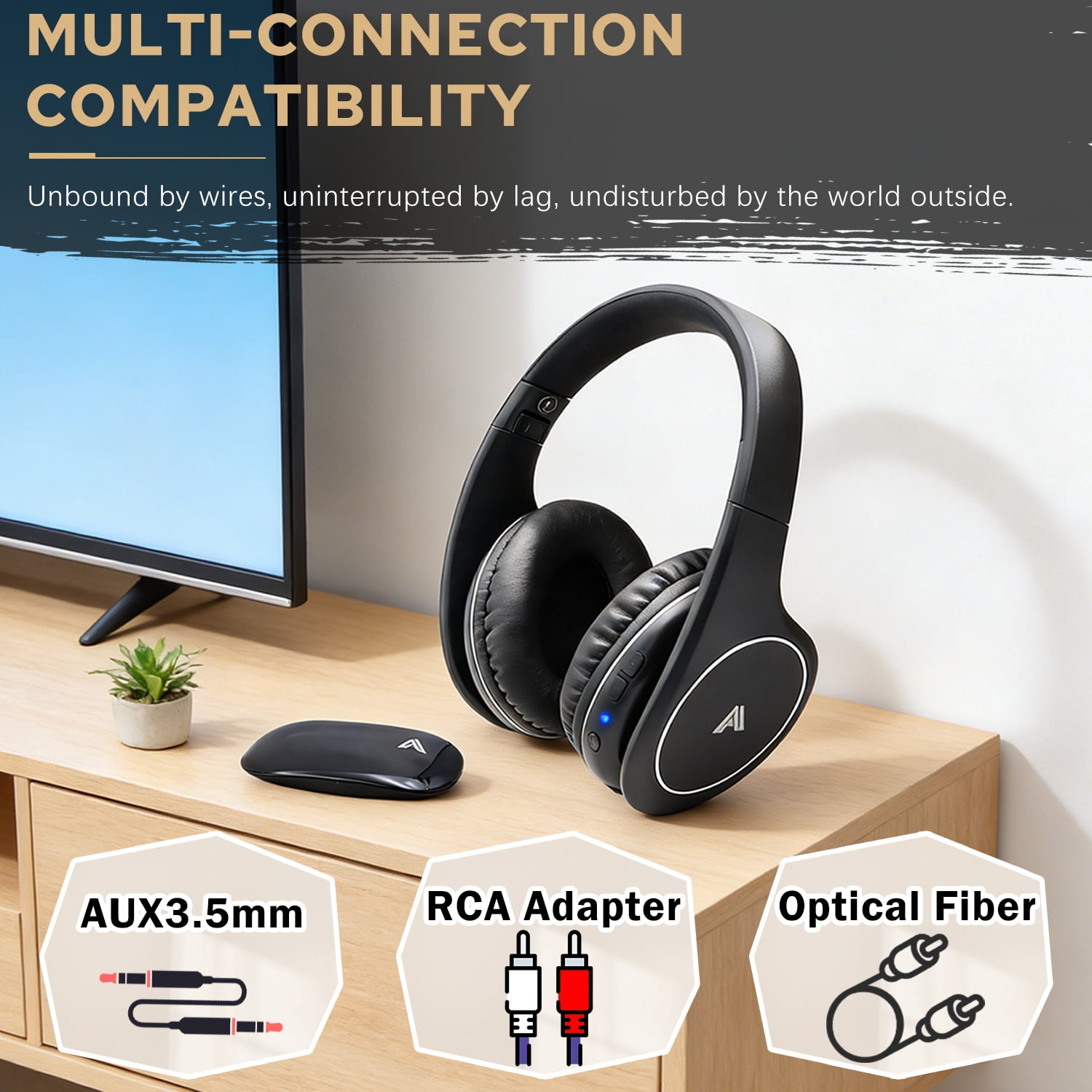Tv Headsets Wireless Tv Headphones for tv Watching with Transmitter Stereo Earphones Wired with 2.4GHz RF Transmitter Optical RCA AUX FM Radio 100ft for Seniors Watching Home TV Game Computer