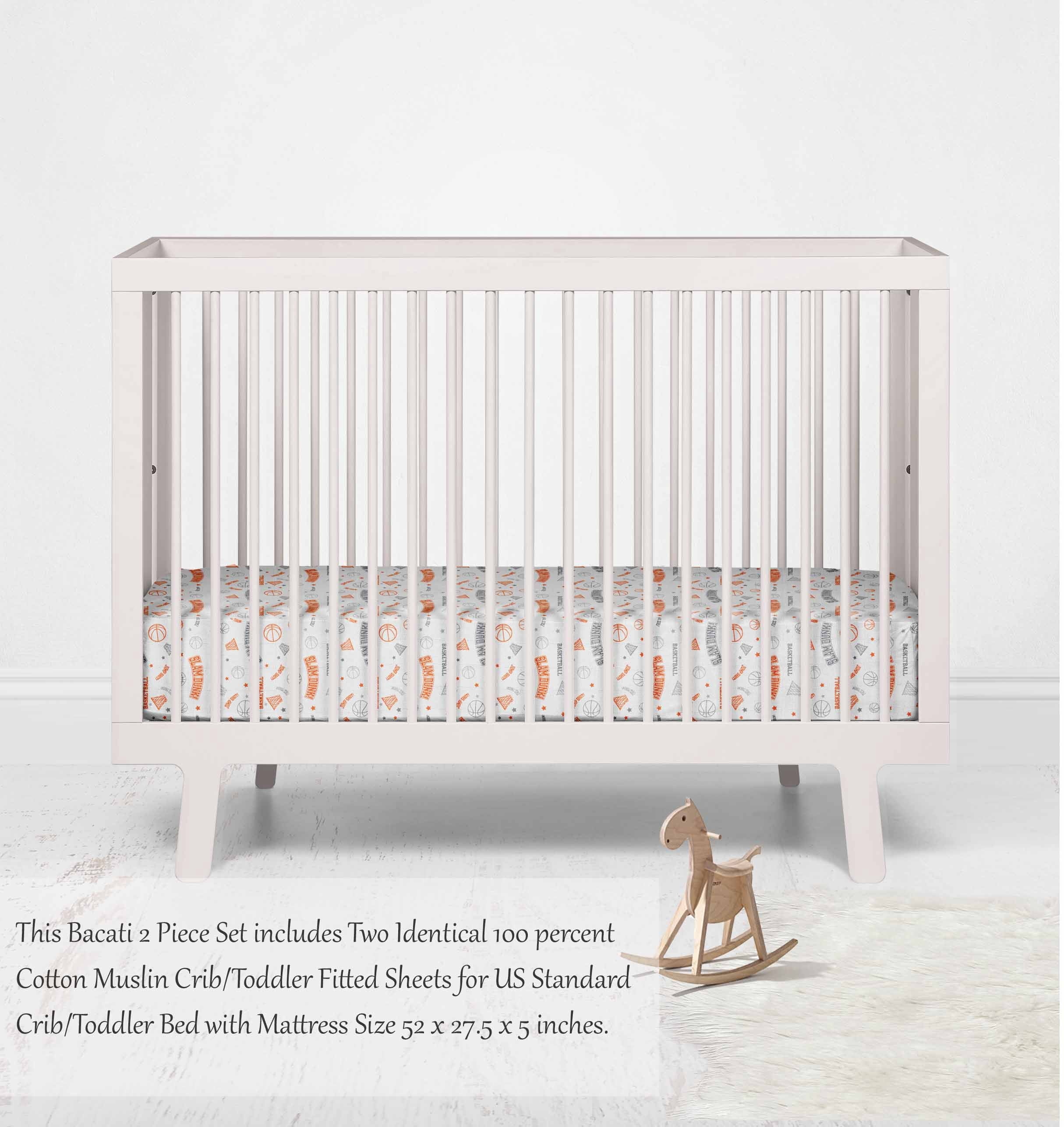 Bacati - Sports Crib/Toddler Bed Fitted Sheets 100% Cotton Muslin 2 Pack, Basketball Orange/Grey