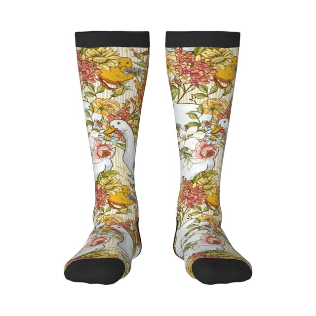 Easygdp Chaussettes de Sport Imprimées Canards et Fleurs Chaussettes de Compression pour Hommes et Femmes