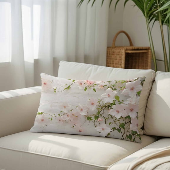 Pink Flower White Walls Throw Pillow Covers, Decorative Pillow Covers With Hidden Zipper Soft Brushed Microfiber Fabric, Spring Floral Pillowcases for Couch Bed 16x24in