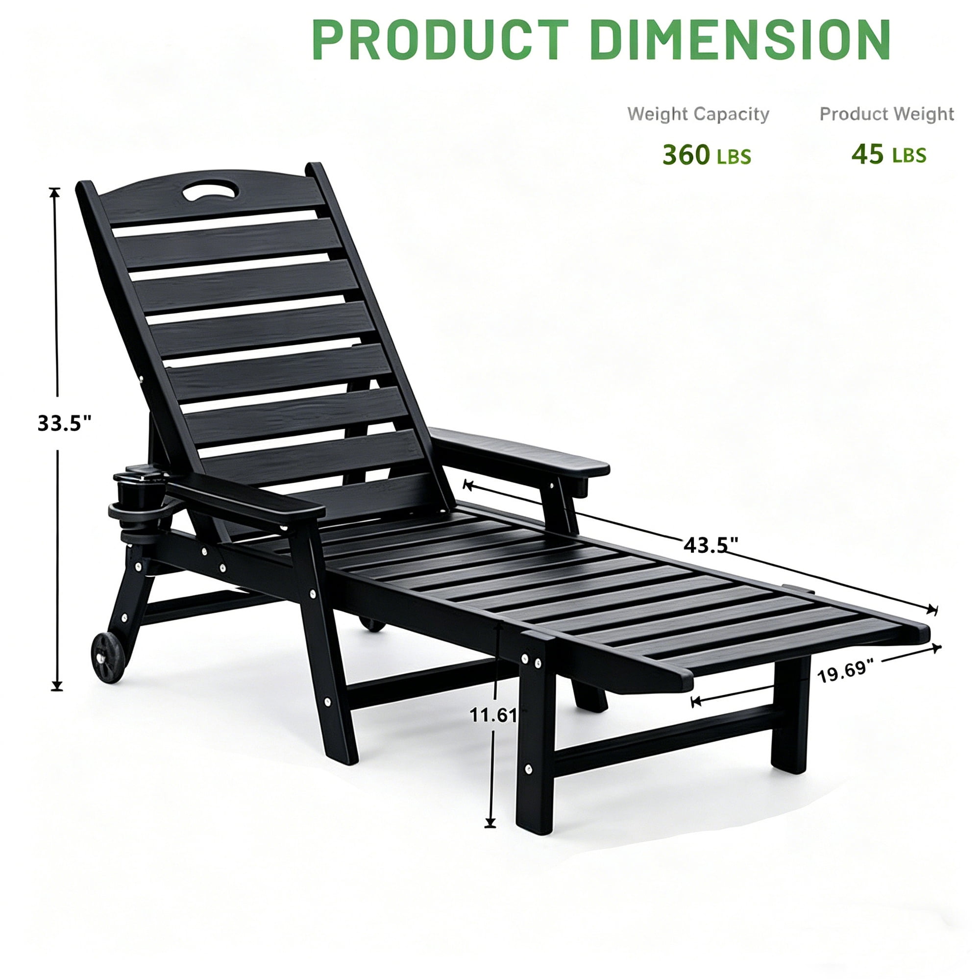 Aukfa HDPE Outdoor Patio Chaise Lounge Chair w/ Cup Holder&Wheels, 360 LBS Capacity, Black