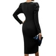 thumbnail image 3 of Dress for Women Round Neck Solid Color Side Split Bodycon Cocktail Long Sleeve Party Midi Dress Black M, 3 of 7