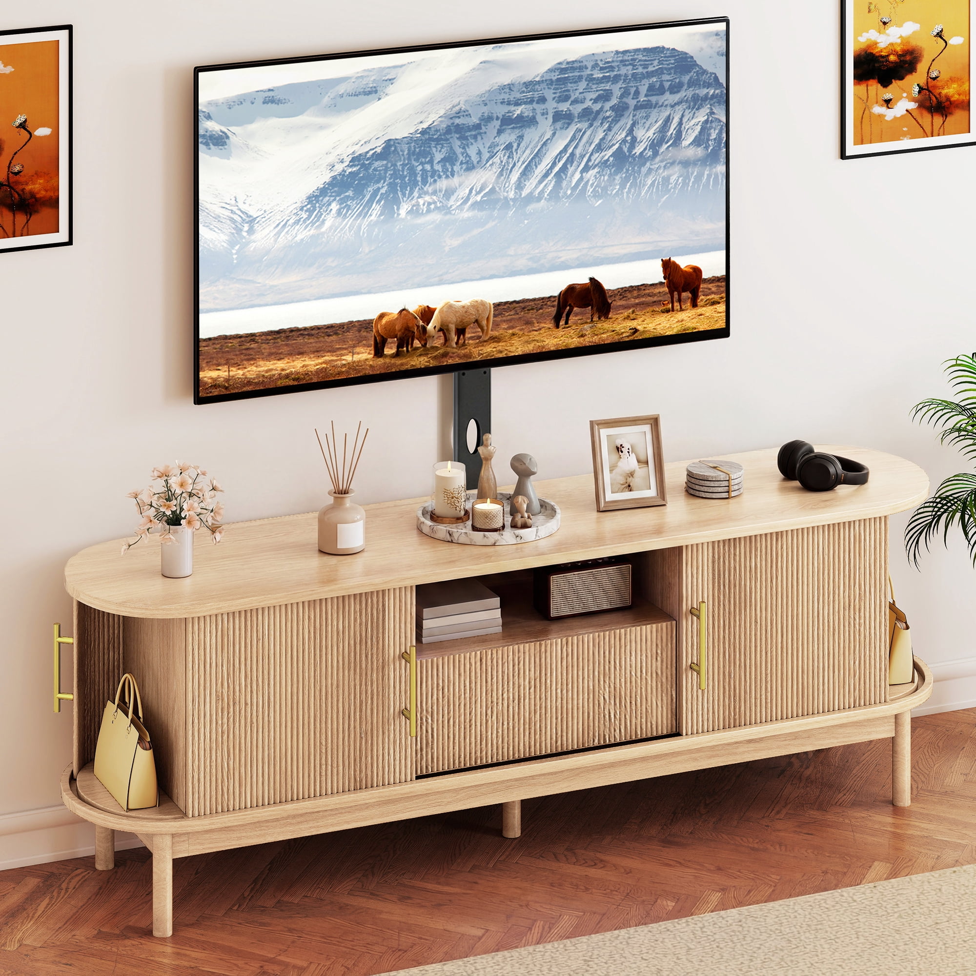 Uforic 66 Inch Natural Oak Fluted Media Console with Adjustable Wall Mount Fits 32-70 Inch TVs for Living Room