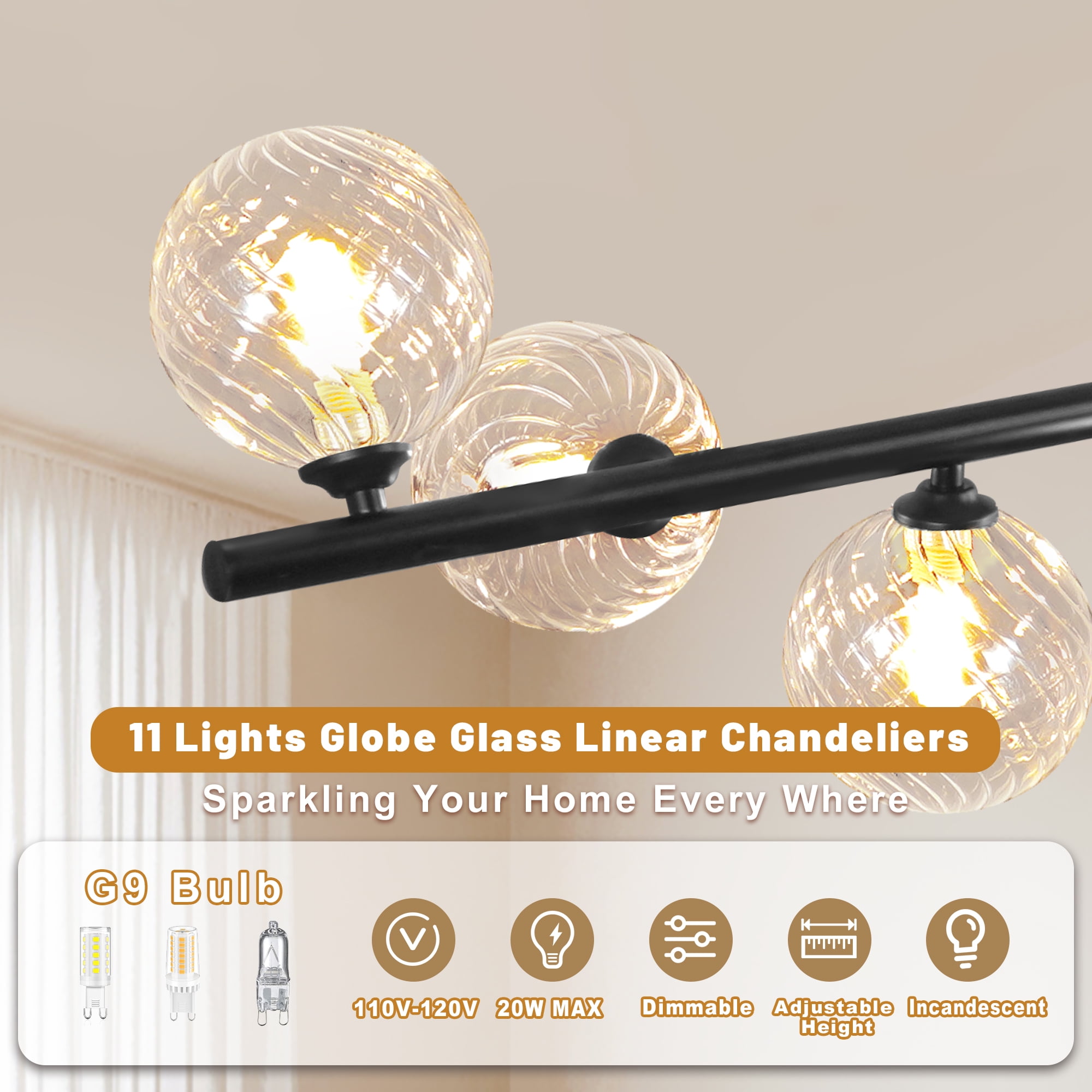 Auffel Linear Chandelier Chandeliers for Dining Room with Clear Swirled Glass Globe Dining Room Light Fixture for Kitchen Island Living Room 51inch 11-Lights Black