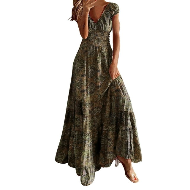 Kcodviy Robe Élégante Confortable à Manches Courtes pour Femmes Robe de Soirée Fleur une Soirée Robes d'Automne Ligne Jupe Bohème Robe Décontractée pour Femmes Robe Maxi Décontractée Robe de Fête