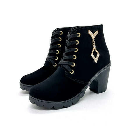 

Eloshman Women Comfort Round Toe Ankle Boots Dress Casual Chunky Block Rhinestone Booties Black 5.5