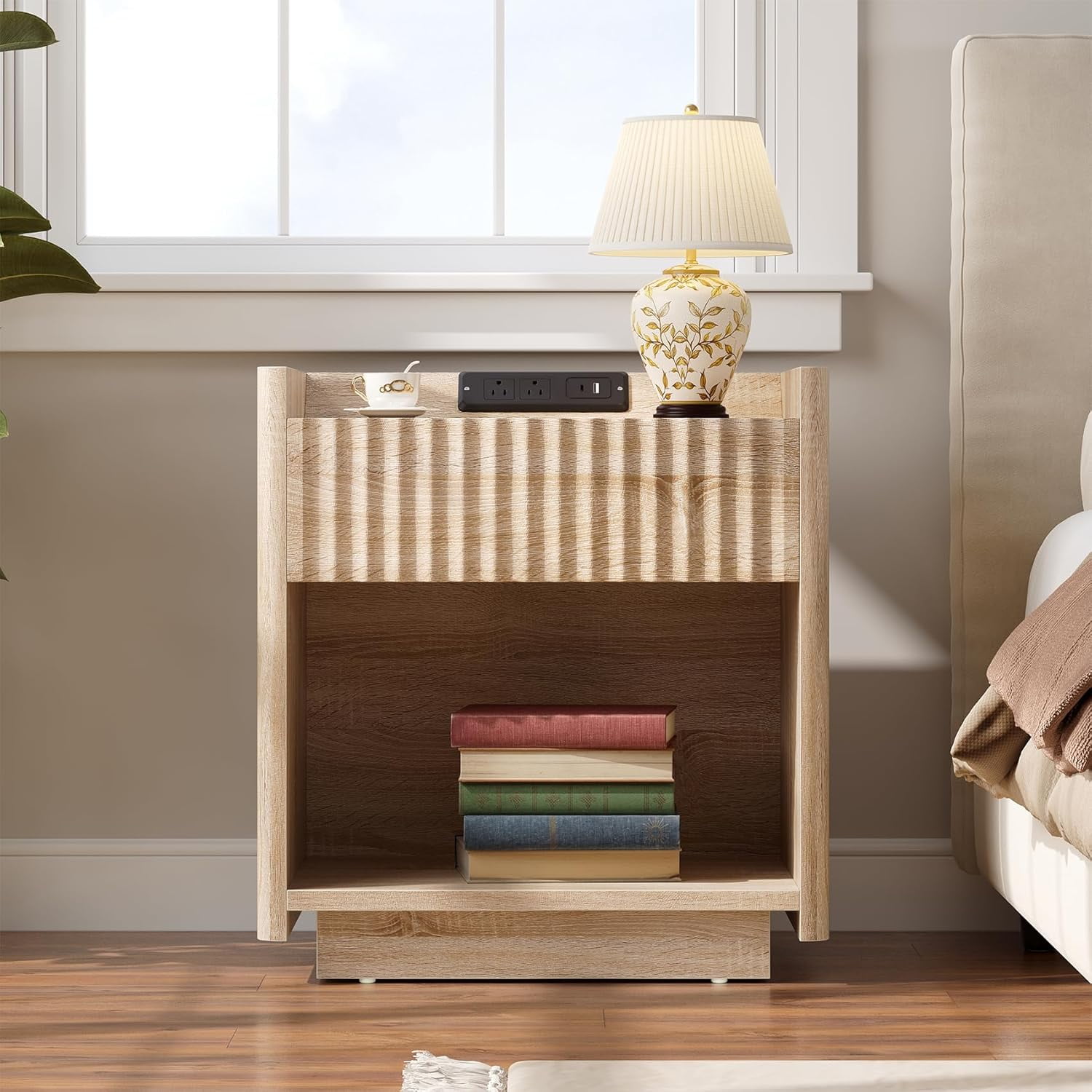 Winkalon Fluted Nightstands for Bedroom, Farmhouse Bedside Tables with Drawer & Open Shelf, Wood End Table for Living Room,Oak