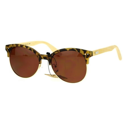 - SA106 Real Bamboo Wood Arm Half Horned Rim Round Sunglasses Tortoise Brown