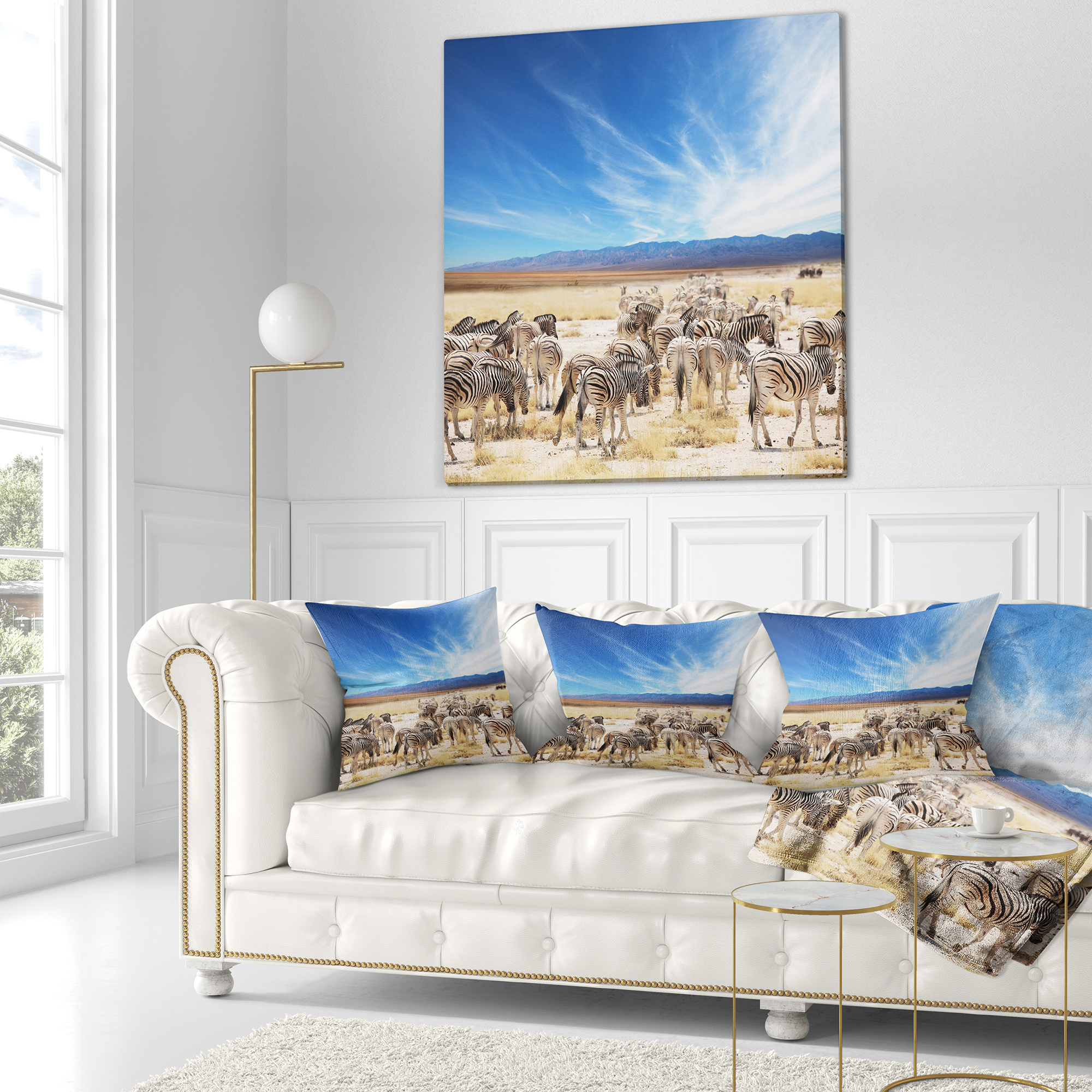 Designart Herd of Zebras under Blue Sky - African Throw Pillow - 18x18