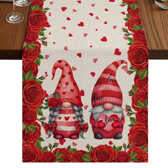 Table Runners 72 Inches Long Dress Scarves, Valentine's Day Farmhouse Kitchen Table Runner, Coffee Tablerunners, Red Roses Gnomes Romance Love Beige 16x72 Inch