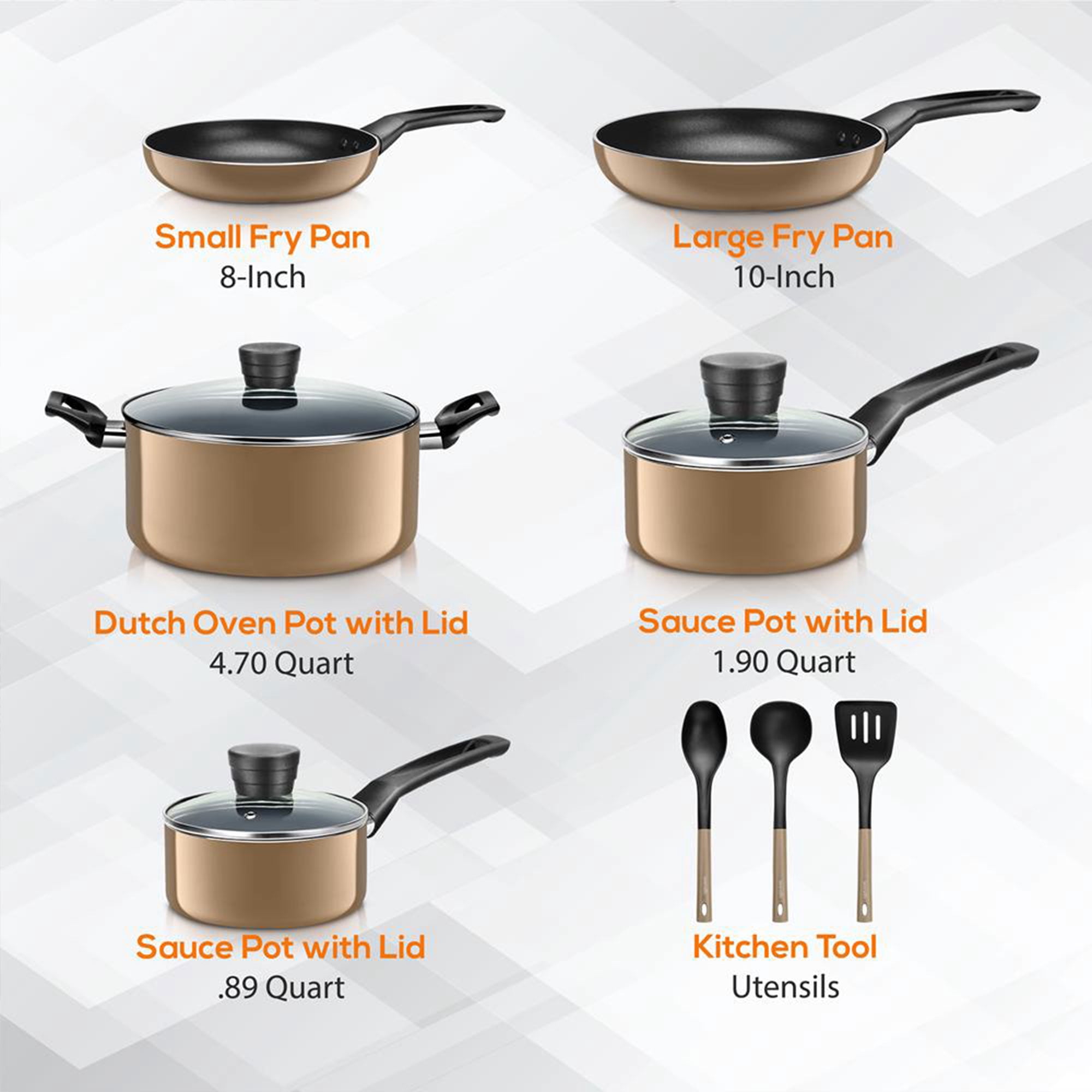 SereneLife 11 Piece Pots and Pans Non Stick Kitchenware Cookware Set, Gold