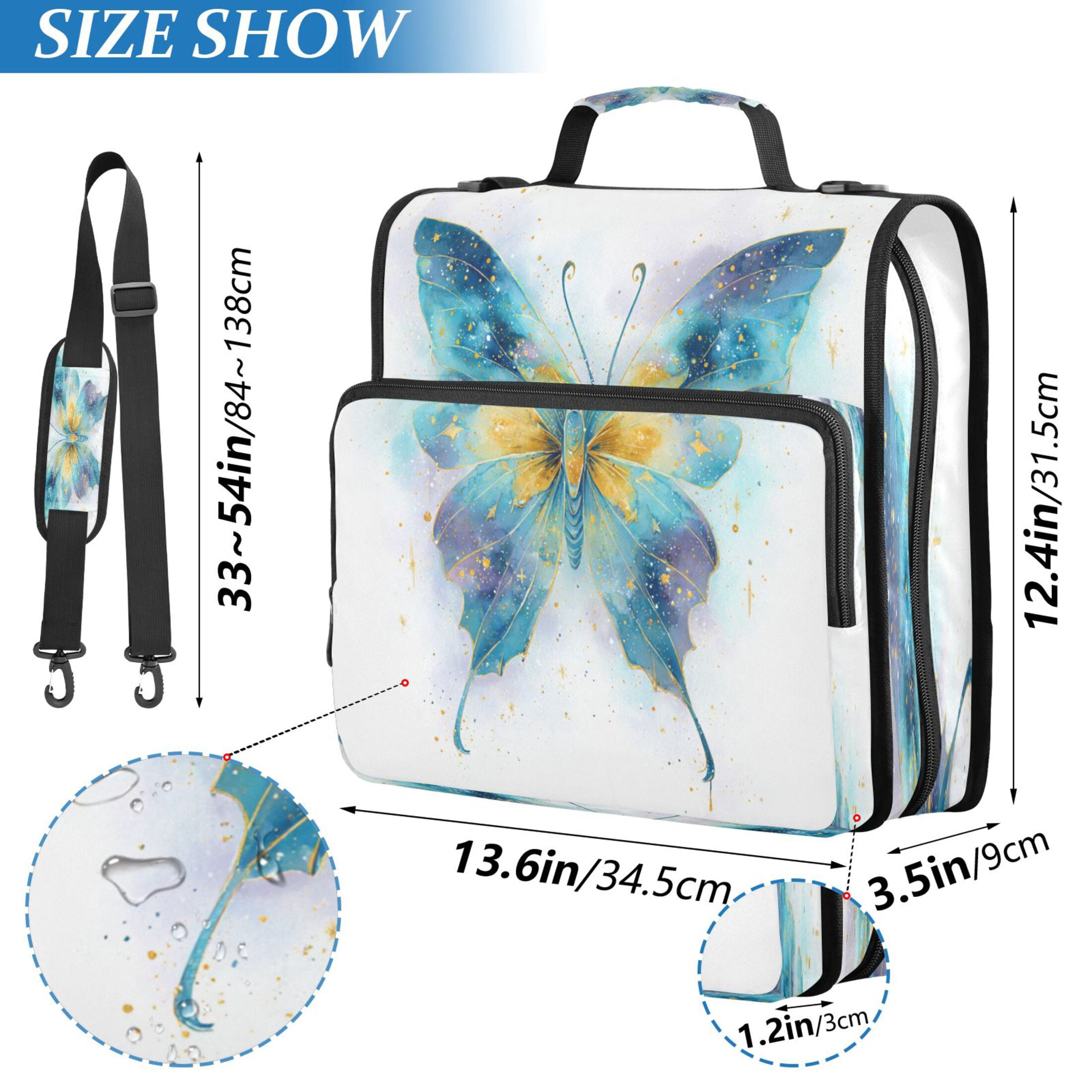 3 Ring Zipper Binder Stationery Organizer for Study Work Home Travel, All-Purpose File Folder Storage Bag for Daily Document Organization Nocturnal Azure Butterfly