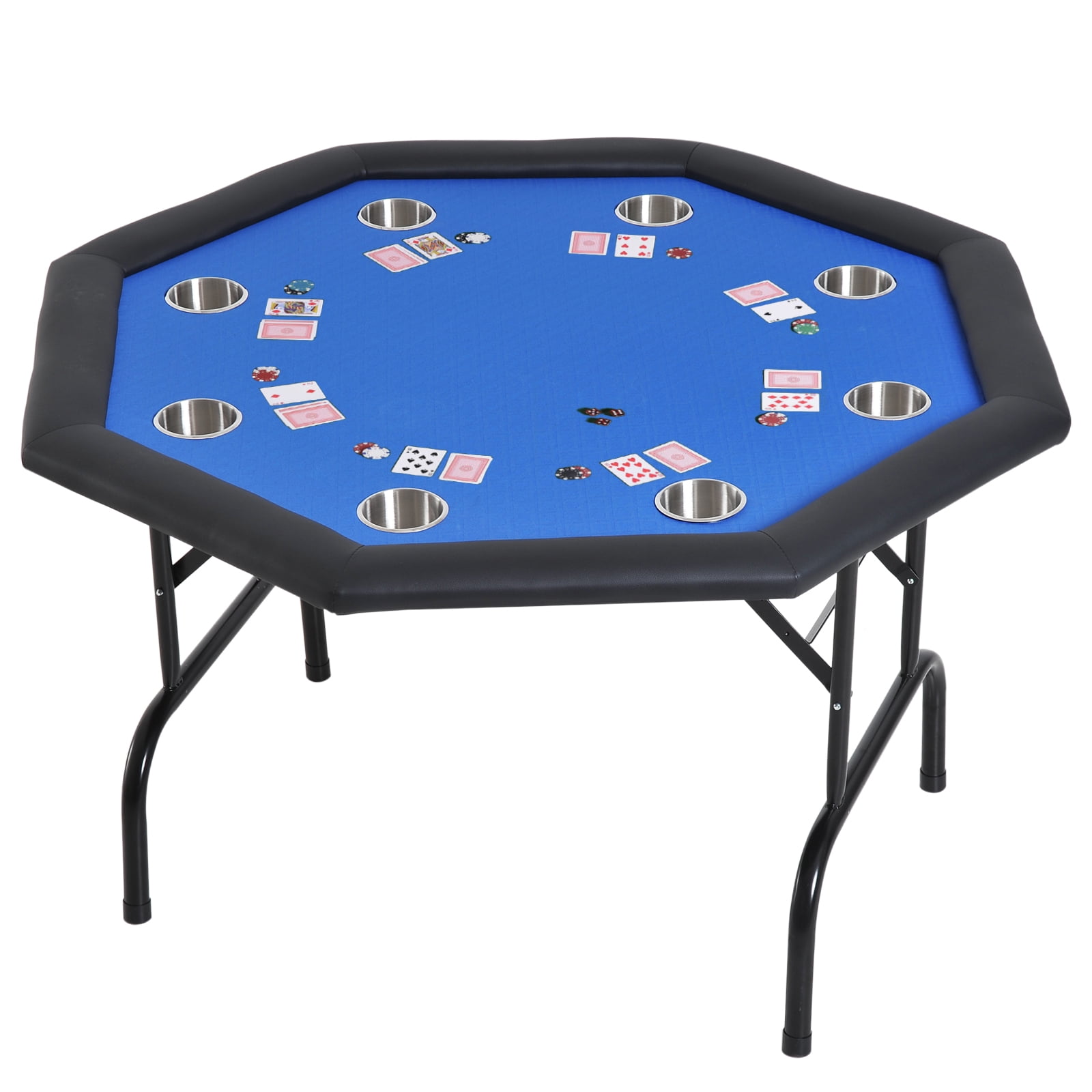 52" Octagon Blue Felt Poker Table W Folding Steel Legs 4 Texas Holdem Card Games 