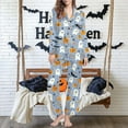 thumbnail image 5 of Feancey Halloween Pajama Sets for Women Long Sleeve Sleepwear Lounge Pants Set Cute Ghost Print Button Down Pjs Two Piece Homewear Outfits Birthdal Gifts Light Blue XL, 5 of 7