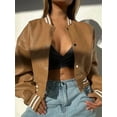 thumbnail image 3 of Women Mock Neck Long Sleeve Button Cropped Leather Jacket Casual Biker Moto Jacket Fall Outerwear Khaki XL, 3 of 5