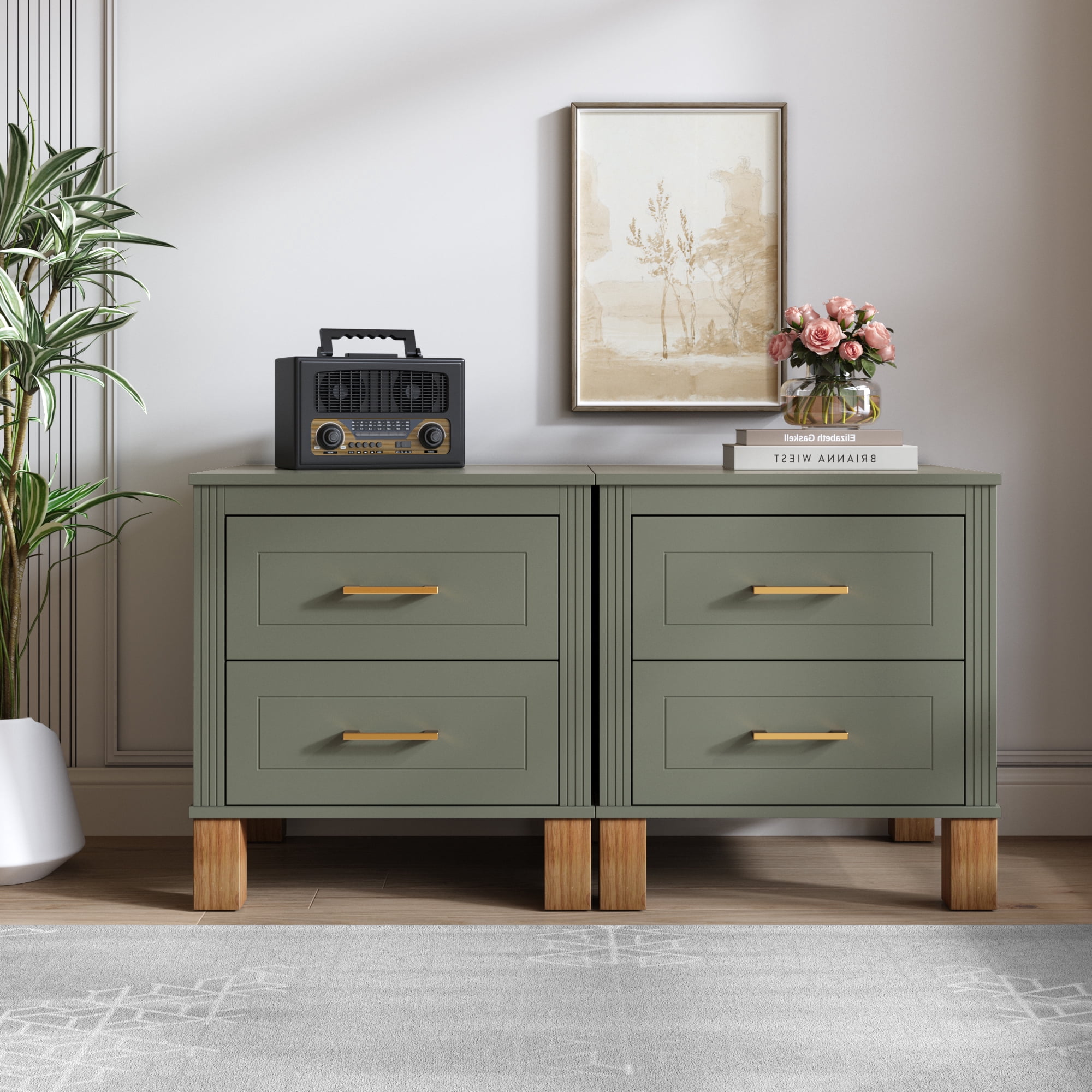 Leumius Nightstand for Bedroom,Wood Bedside Table with 2 Drawer & Solid Wood Legs,Small Storage Cabinet for Living Room,Olive